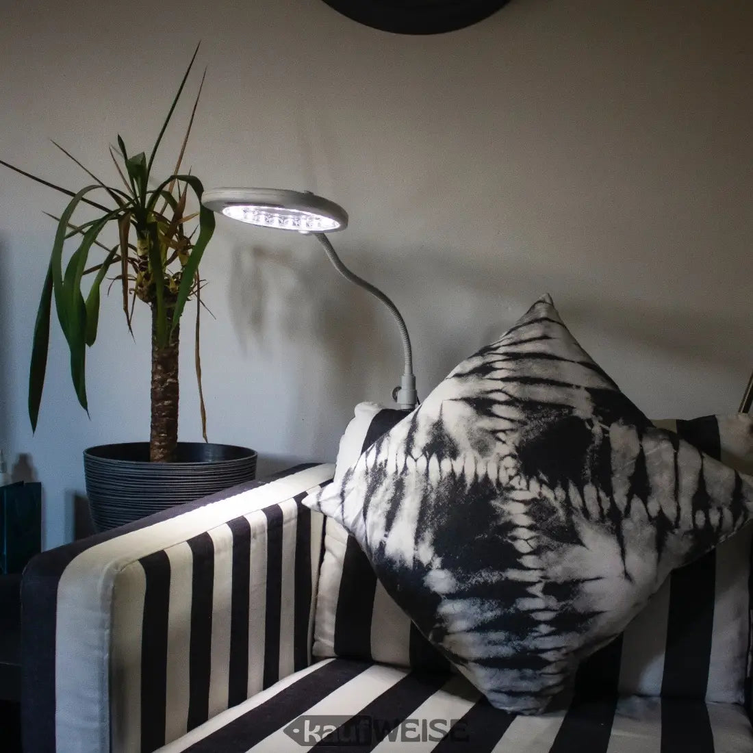 Schwarz-weiß gestreifte Couch mit Kissen für die LED-Lupenleuchte 4 in 1