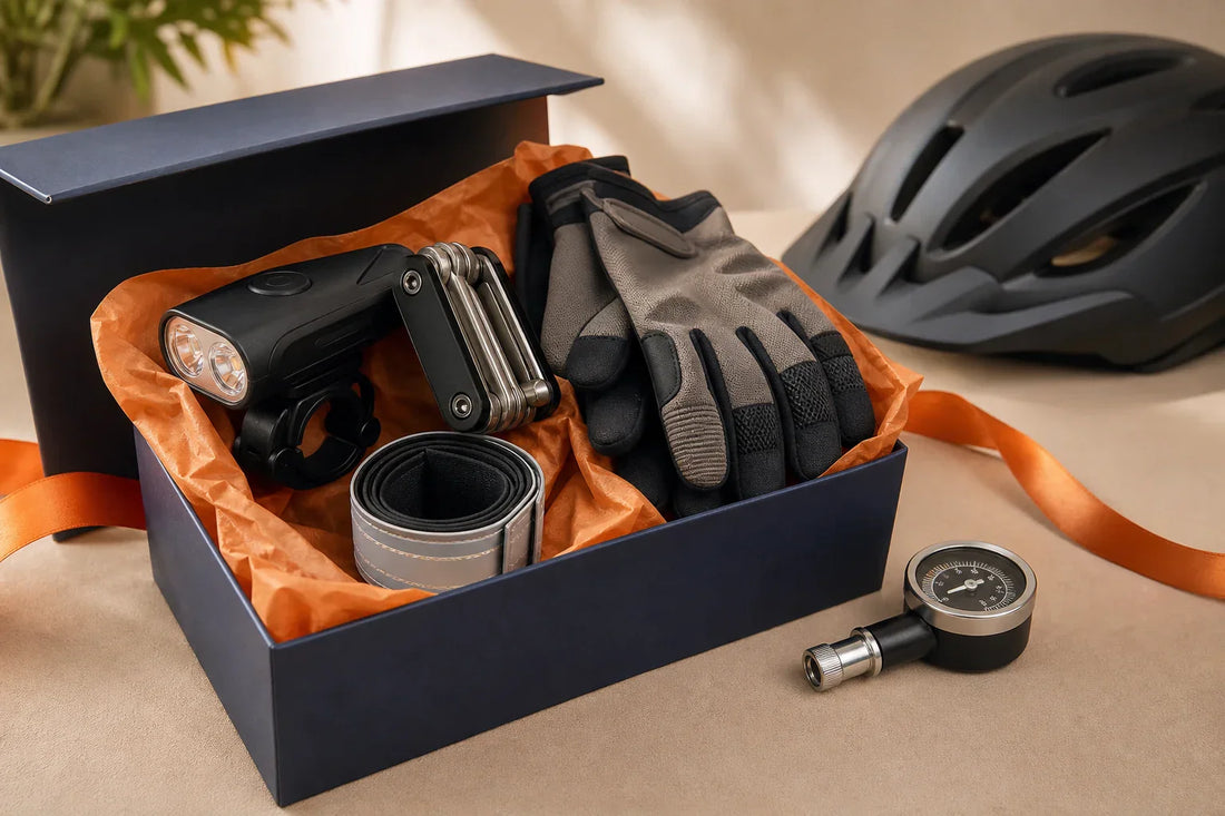 Geschenkbox mit Fahrradlicht, Multitool, Handschuhen, Reflexband und Reifendruckmesser