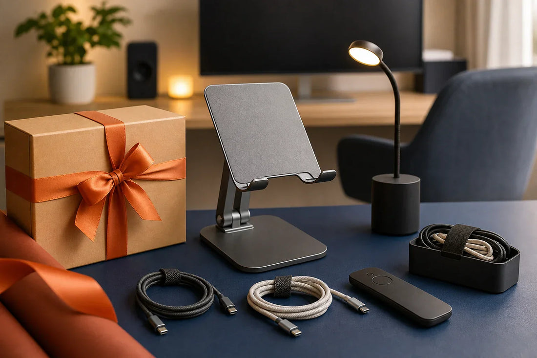 Geschenkbox mit Tabletständer, Kabeln, Arbeitsleuchte und Fernbedienung fürs Homeoffice