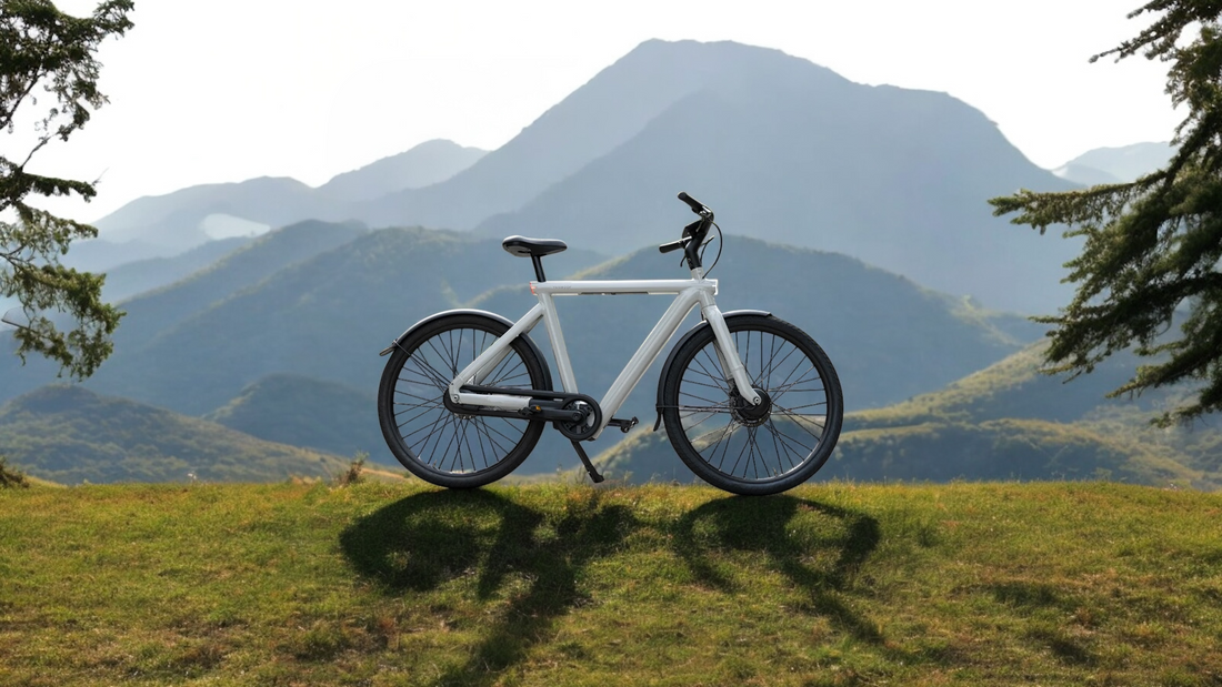 Hellgraues VanMoof S5 E-Bike auf einer grünen Anhöhe vor malerischer Bergkulisse - Headerbild für Testbericht