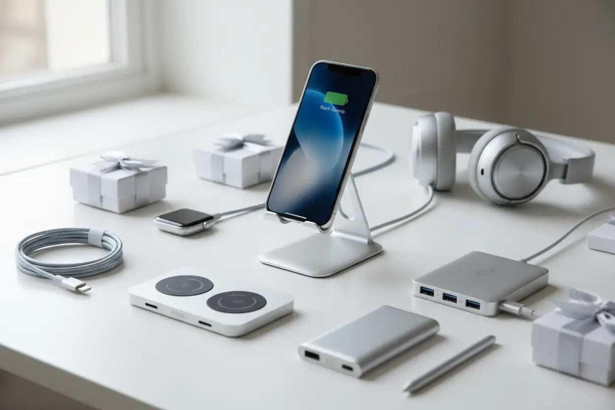 Schlankes silbernes iPhone im minimalistischen Ladeständer mit grüner Batterieanzeige