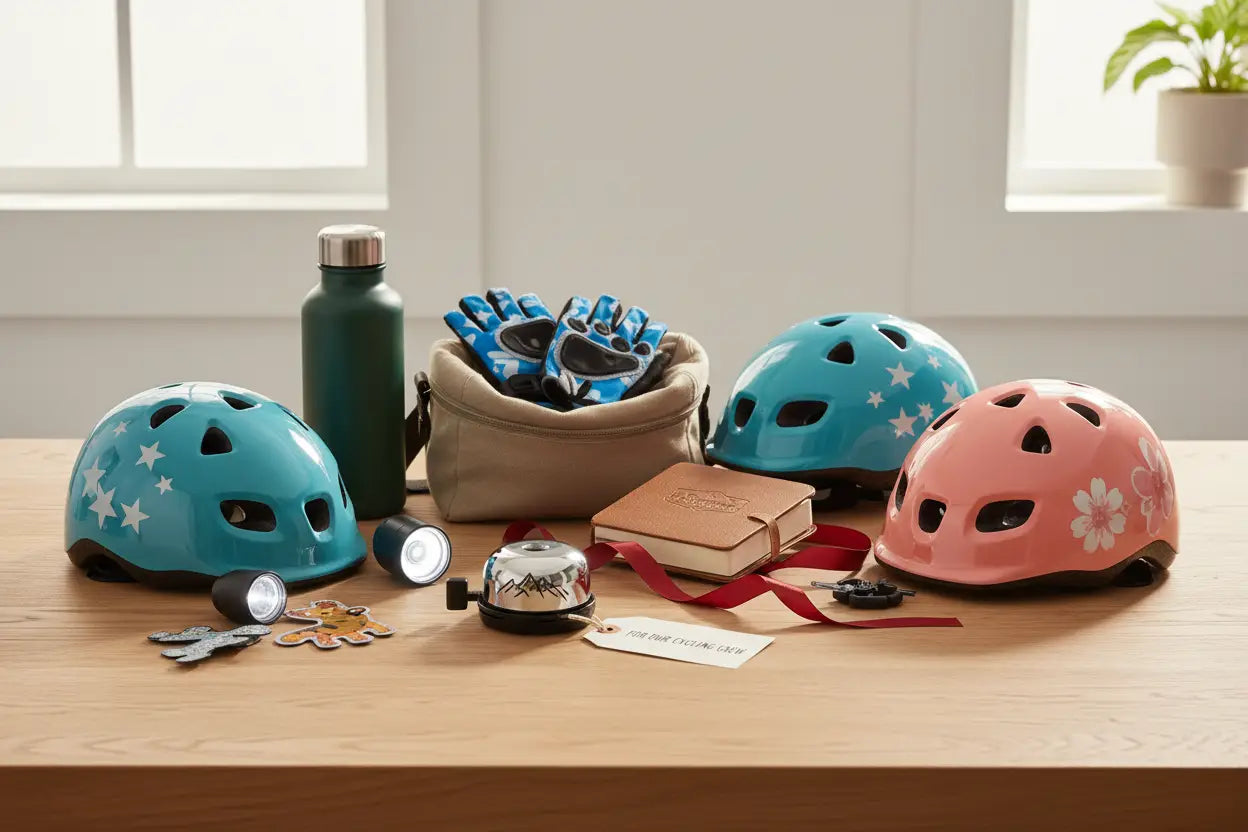Drei Kinderradhelme in Teal mit weißen Sternen, Rosa mit Blumen und dritter teilweise sichtbar – glänzend mit Belüftungslöchern.