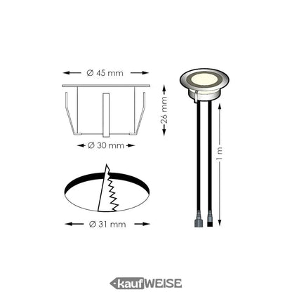 Recessed LED-Lichtstrahler mit Installationsmaßen für SOFIA Terrassenbeleuchtung Set