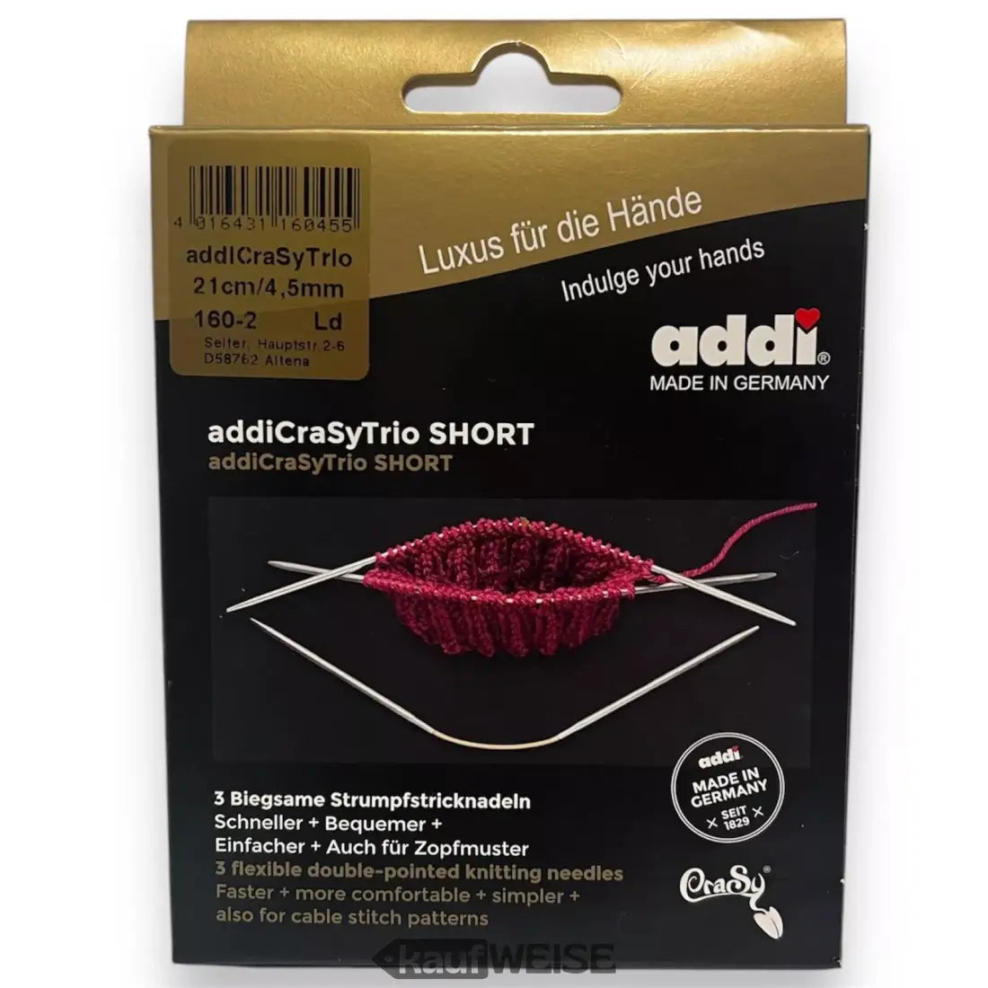 Verpackung der Addi CraSy Trio kurze Stricknadeln für gemütliches Sockenstricken