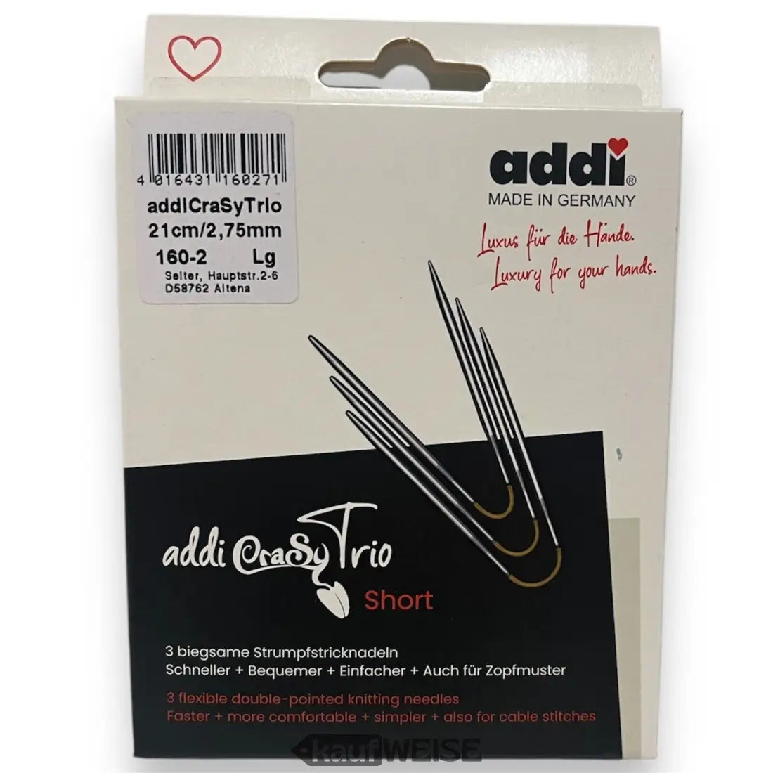 Addi CraSy Trio kurze Stricknadeln Verpackung für Sockenstricken 21 cm 3er Set