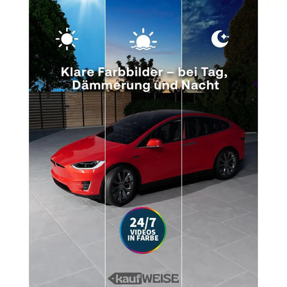 Rotes 2019 Tesla Model X Elektro-SUV mit Arlo Ultra 2 4K-Kameras