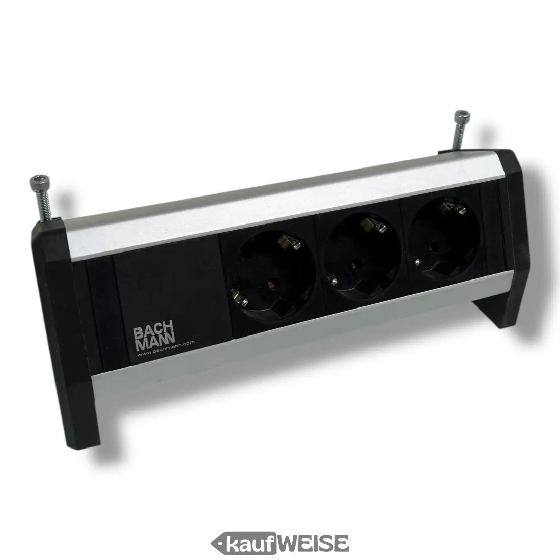 Schwarze und silberne 3-fach Tischsteckdose von BACHMANN DESK mit Halterung