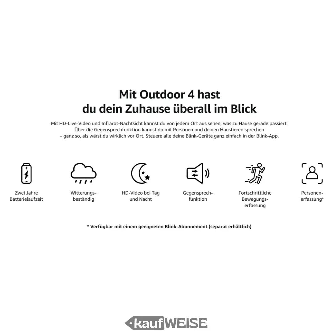 Promo Bild der Blink Outdoor 4 Überwachungskamera mit Akku, Wetterfest, HD, Zwei-Wege-Audio