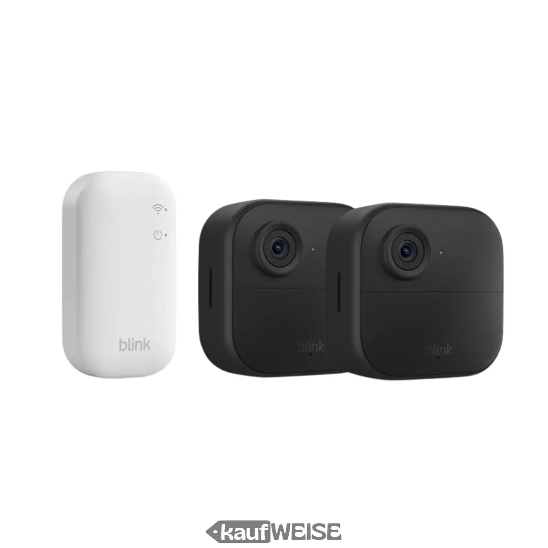 Weiße Syncmodul und zwei schwarze Überwachungskameras für Blink Outdoor Set