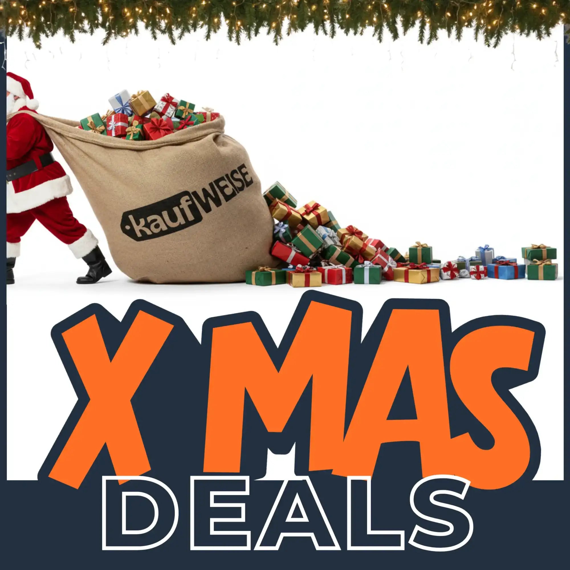 Brauner Leinensack, gefüllt mit farbenfroh verpackten Geschenken und ’kaufweise’-Logo.