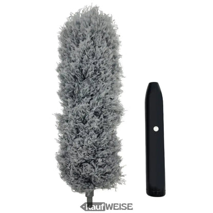 Grauer flauschiger Mikrofasertuch-Staubwedel mit schwarzem Griff und Knopf der CleanRite Elektrischer Turbo Spin Duster mit 400 U/Min