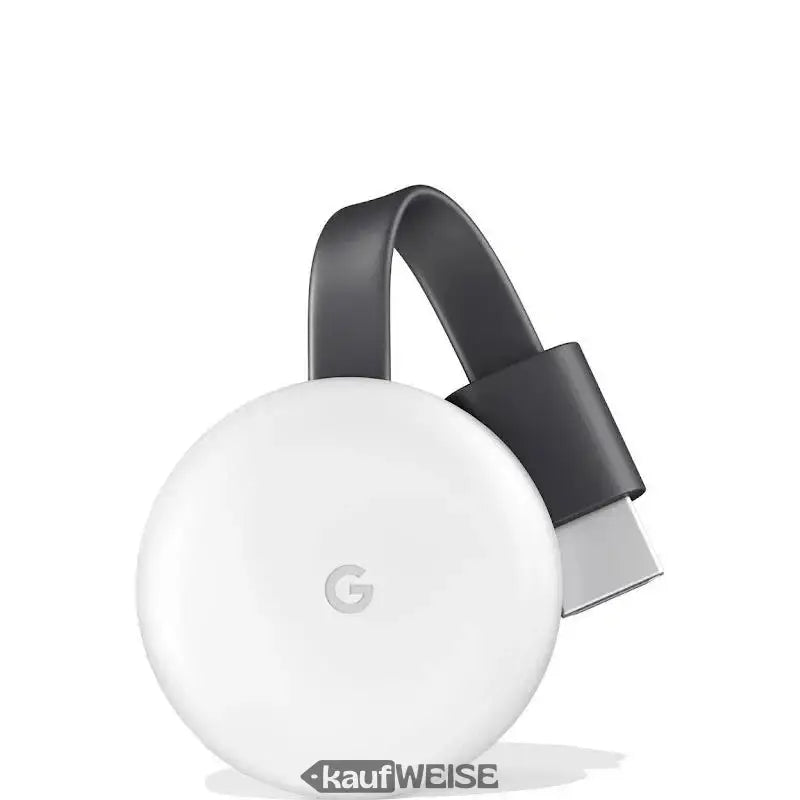 Weiße runde Chromecast 3. Gen. mit flexiblem dunklen HDMI-Kabel für Full HD Streaming