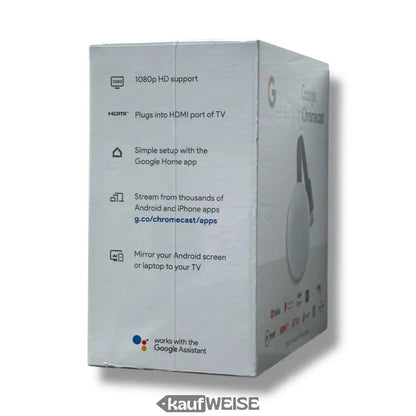 Weiße Google Chromecast 3. Generation Verpackung mit Produkt-Features, Full HD Streaming