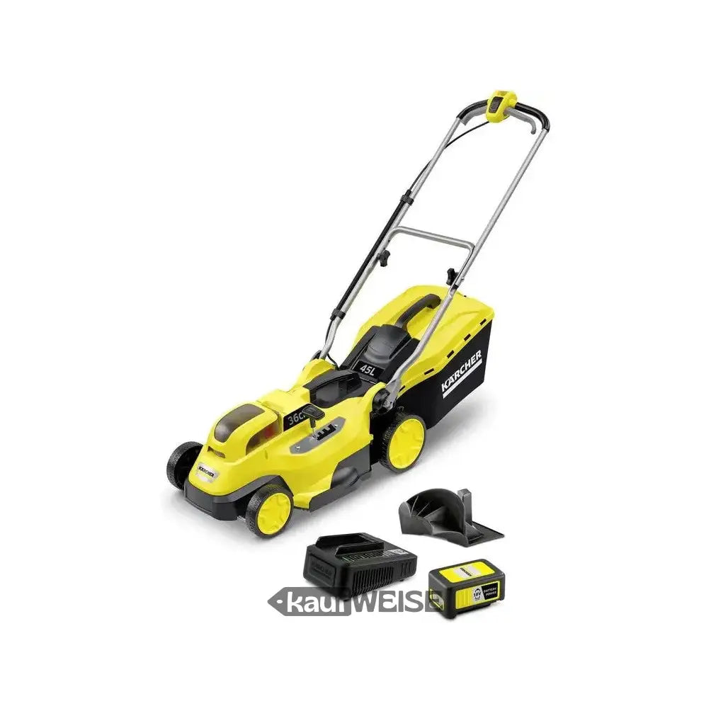 Gelber und schwarzer Akku-Rasenmäher mit Akku und Ladegerät von Kärcher