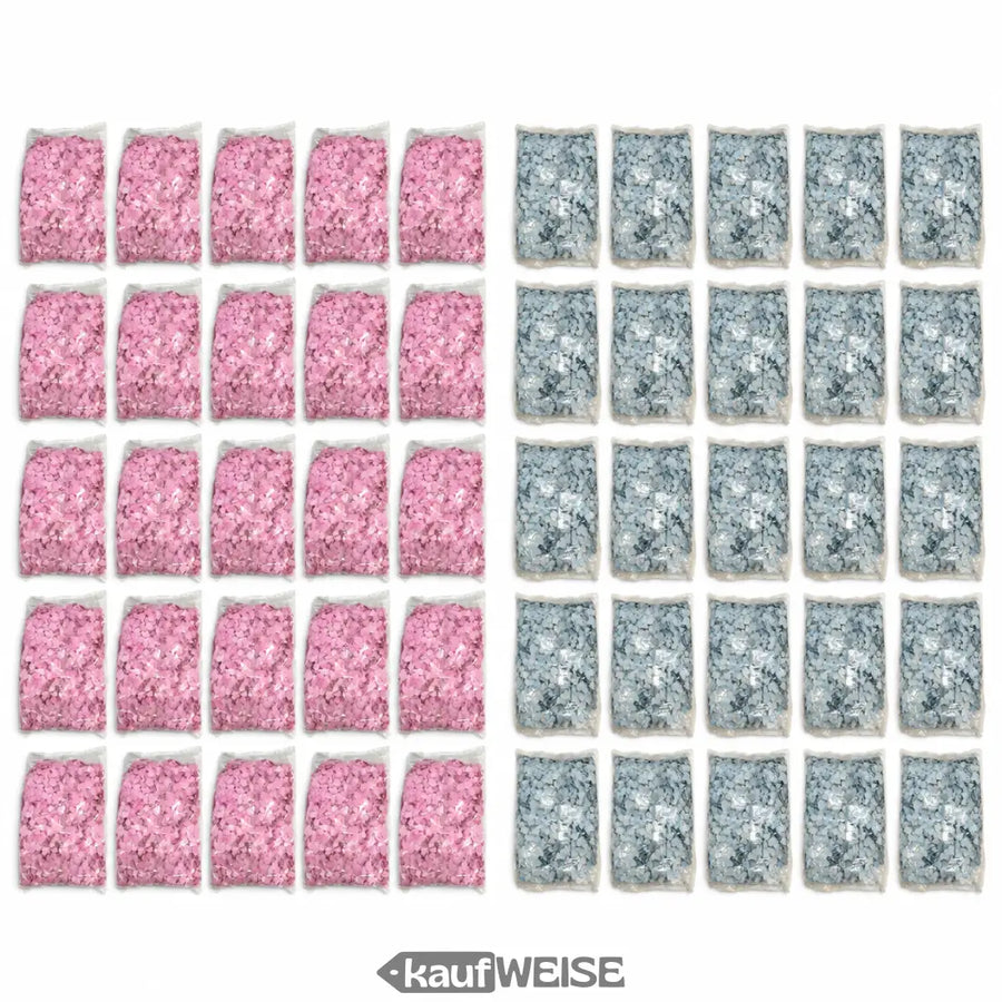 50 bags of pink and light blue paper confetti, 100 g each