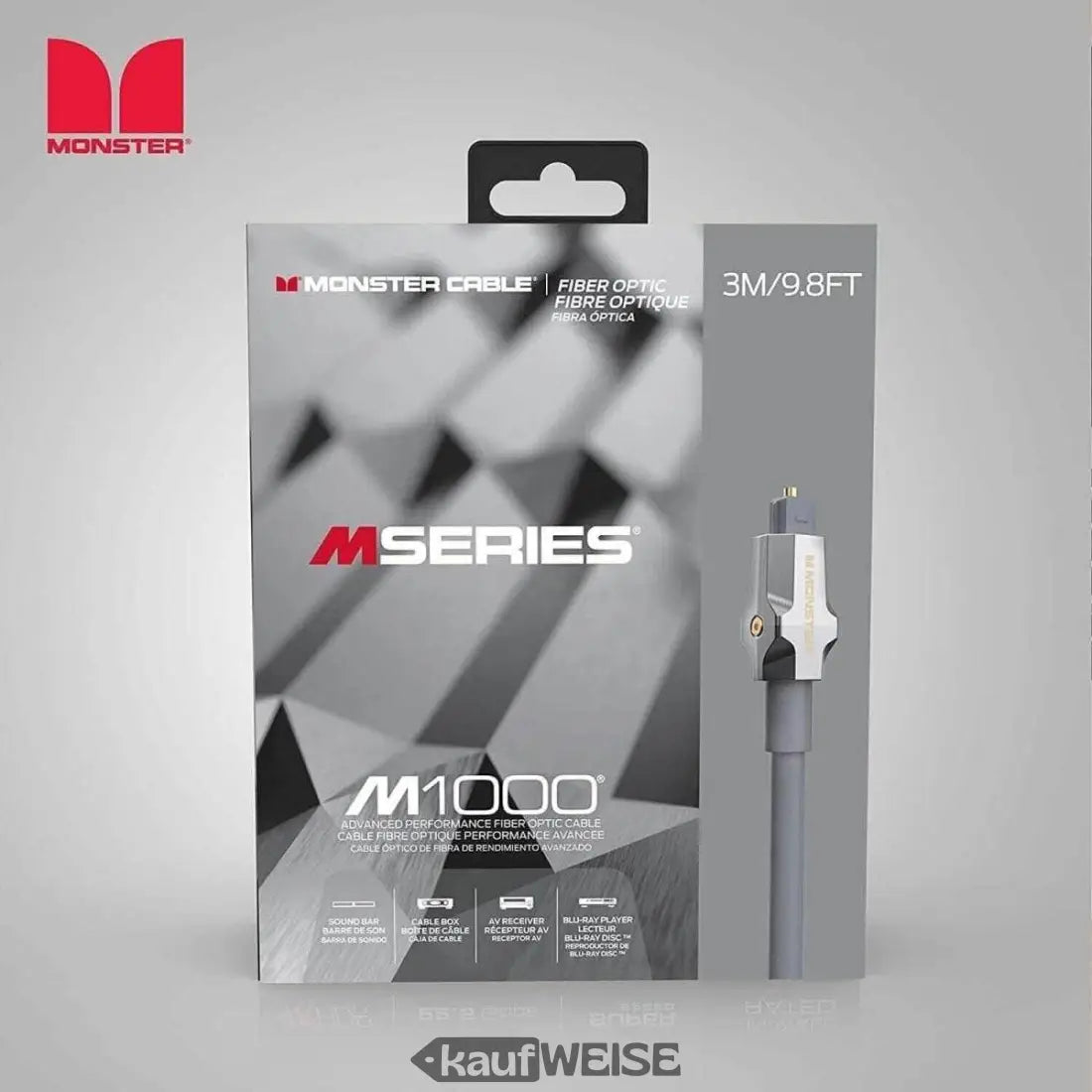 Monster M-Serie Toslink Kabel 3m Verpackung für klares Audio mit Glasfaserkabel