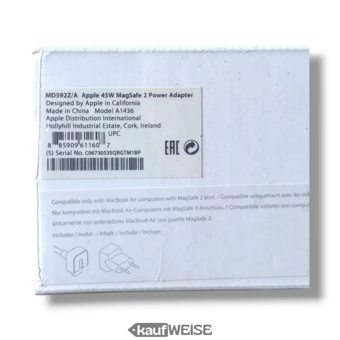 Weißer Karton mit Apple 45W MagSafe 2 Netzteil für MacBook Air neu ovp