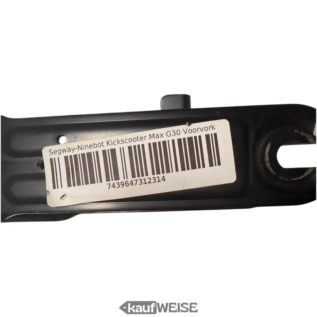 Schwarze Original Ninebot Max G30 Vorderradgabel mit weißem Etikett und Barcode