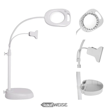 Weiße Lupenleuchte mit Staand- und Tischlampe, batteriebetrieben und 220V Weberlampenbeleuchtung