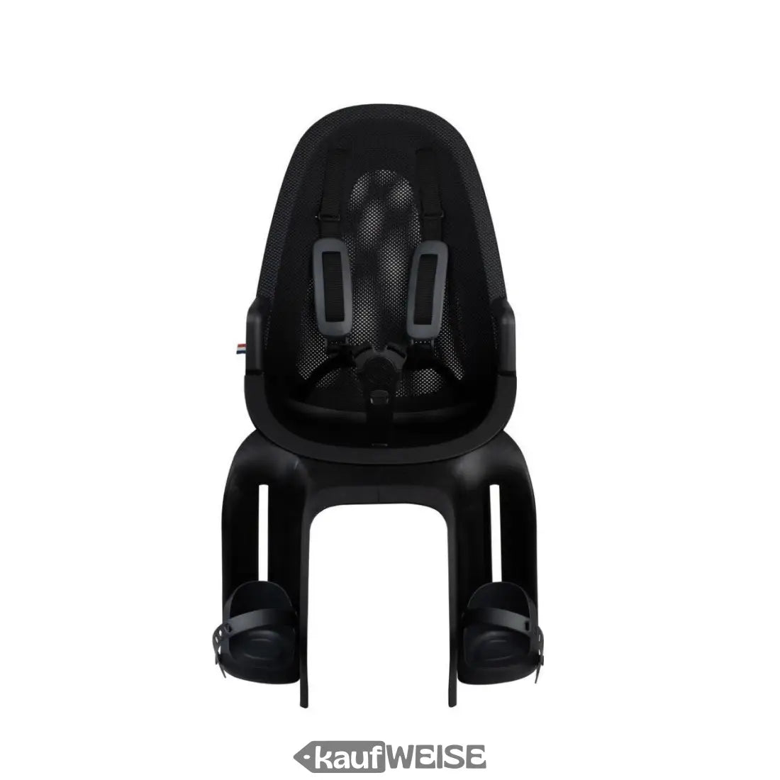 Schwarzer Fahrradkindersitz Qibbel Air Maxi mit verstellbaren Fußrasten und Fünf-Punkt-Gurt