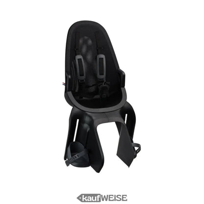 Schwarzer Fahrradsitz für Kinder mit Mesh-Rückenlehne und Sicherheitsgurt