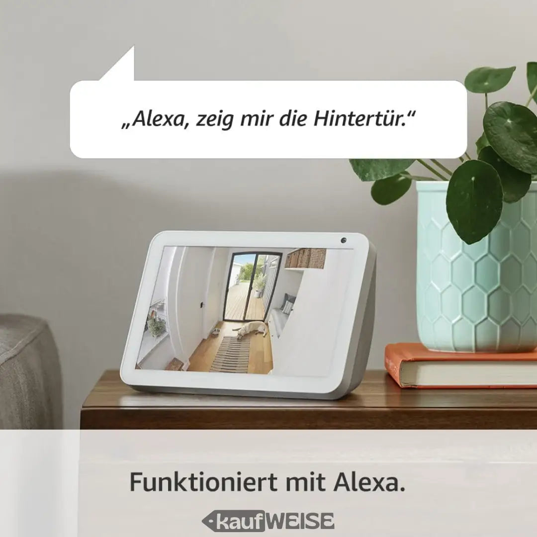 Alexa Echo Show mit weißem Rahmen, grauer Rückseite und eingebautem Display