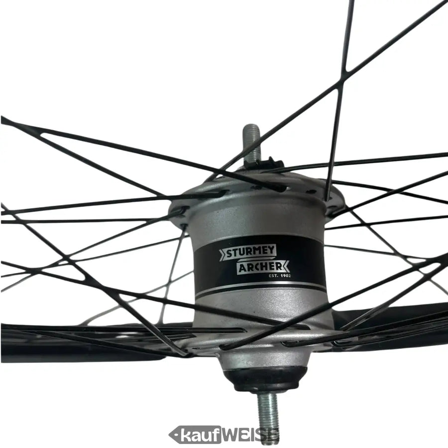 Laced in the 26-inch front wheel