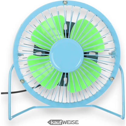 Blauer Metalltischventilator mit grünen Flügeln für Computer und Notebook